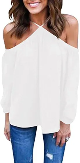 Women's Spaghetti Halter Off The Shoulder Blouse Long Sleeve Shirt Tops