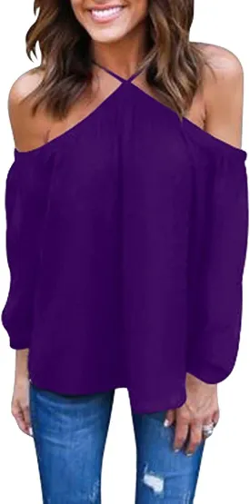 Women's Spaghetti Halter Off The Shoulder Blouse Long Sleeve Shirt Tops