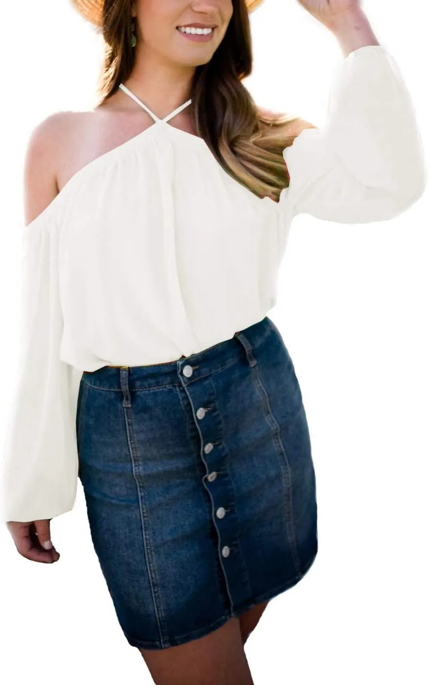 Women's Spaghetti Halter Off The Shoulder Blouse Long Sleeve Shirt Tops