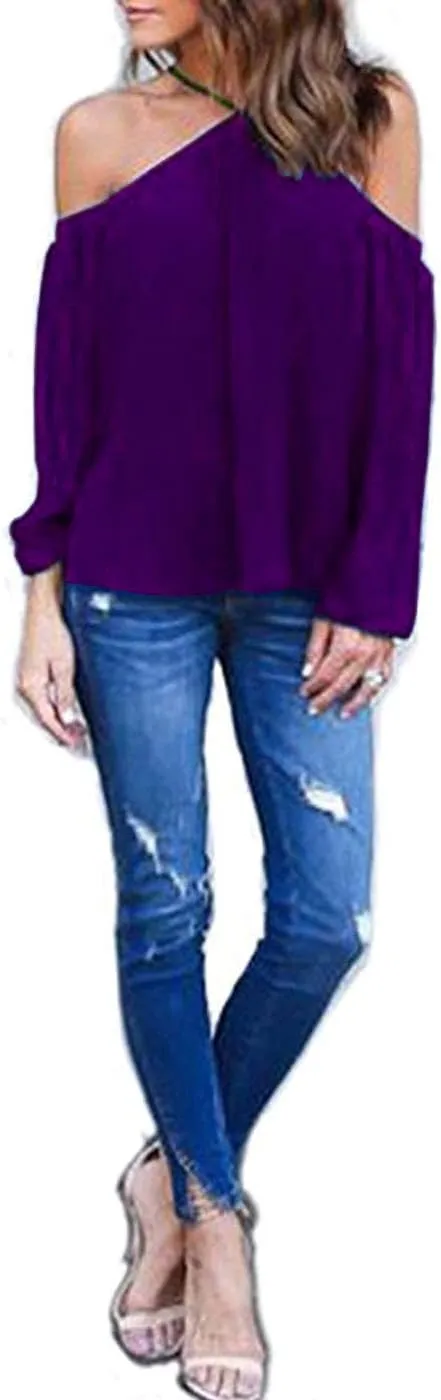 Women's Spaghetti Halter Off The Shoulder Blouse Long Sleeve Shirt Tops