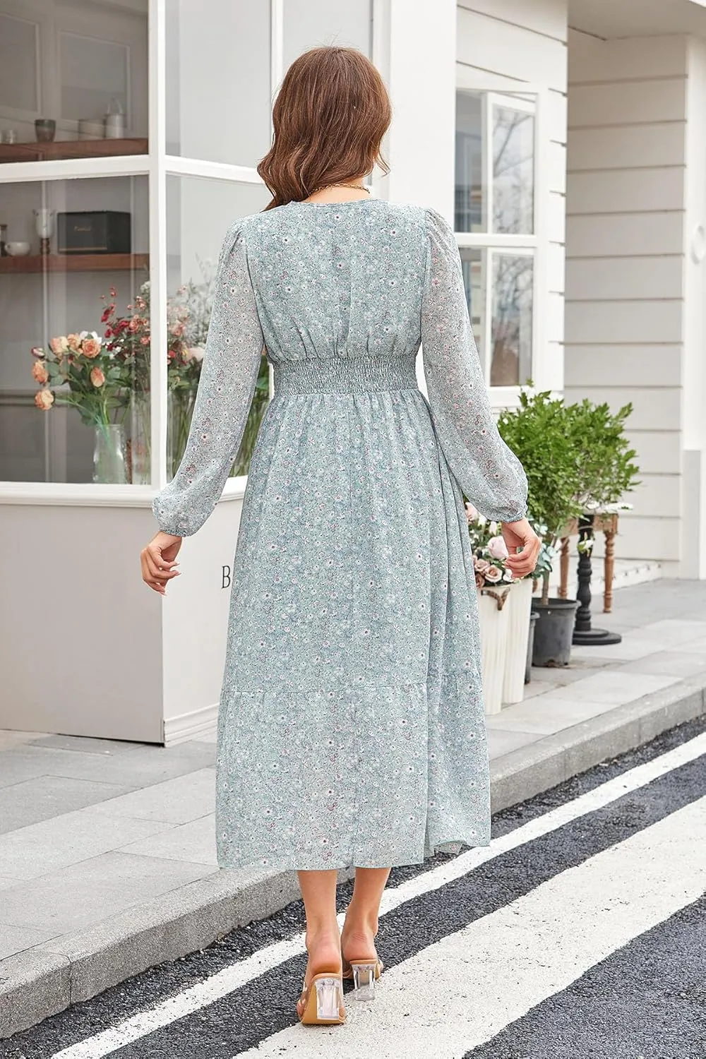Women's Spring Wrap Maxi Dress Floral V Neck Long Sleeve Wedding Guest Party Casual Chiffon Dress