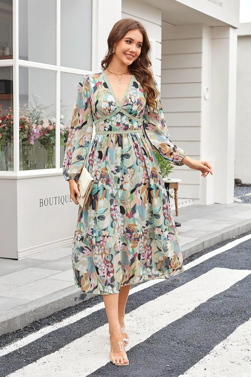 Women's Spring Wrap Maxi Dress Floral V Neck Long Sleeve Wedding Guest Party Casual Chiffon Dress