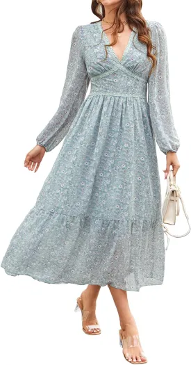 Women's Spring Wrap Maxi Dress Floral V Neck Long Sleeve Wedding Guest Party Casual Chiffon Dress
