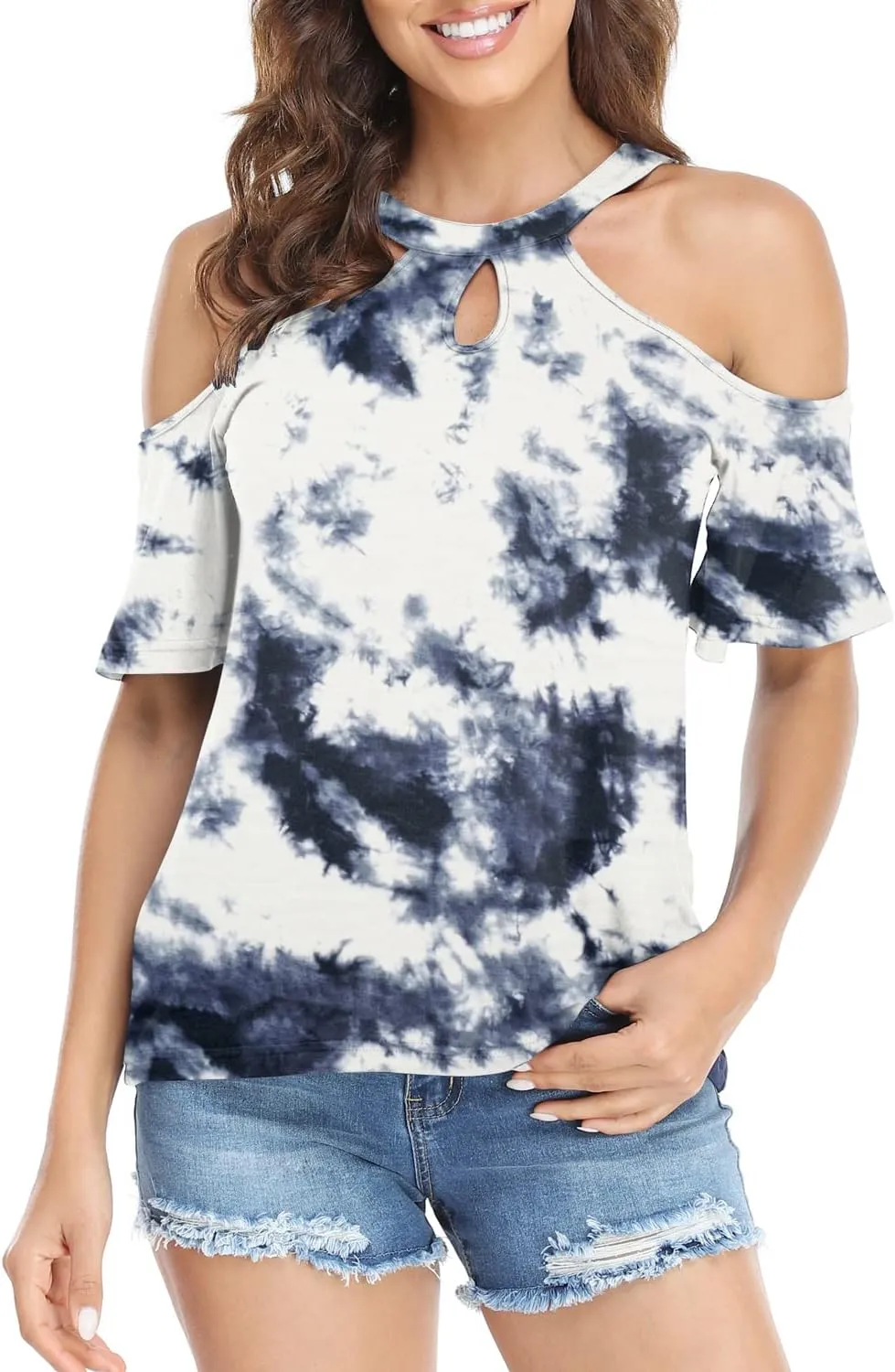 Womens Summer Halter Cold Shoulder Tops Sexy Casual Short Sleeve Keyhole T Shirts Blouse