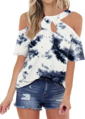 Womens Summer Halter Cold Shoulder Tops Sexy Casual Short Sleeve Keyhole T Shirts Blouse