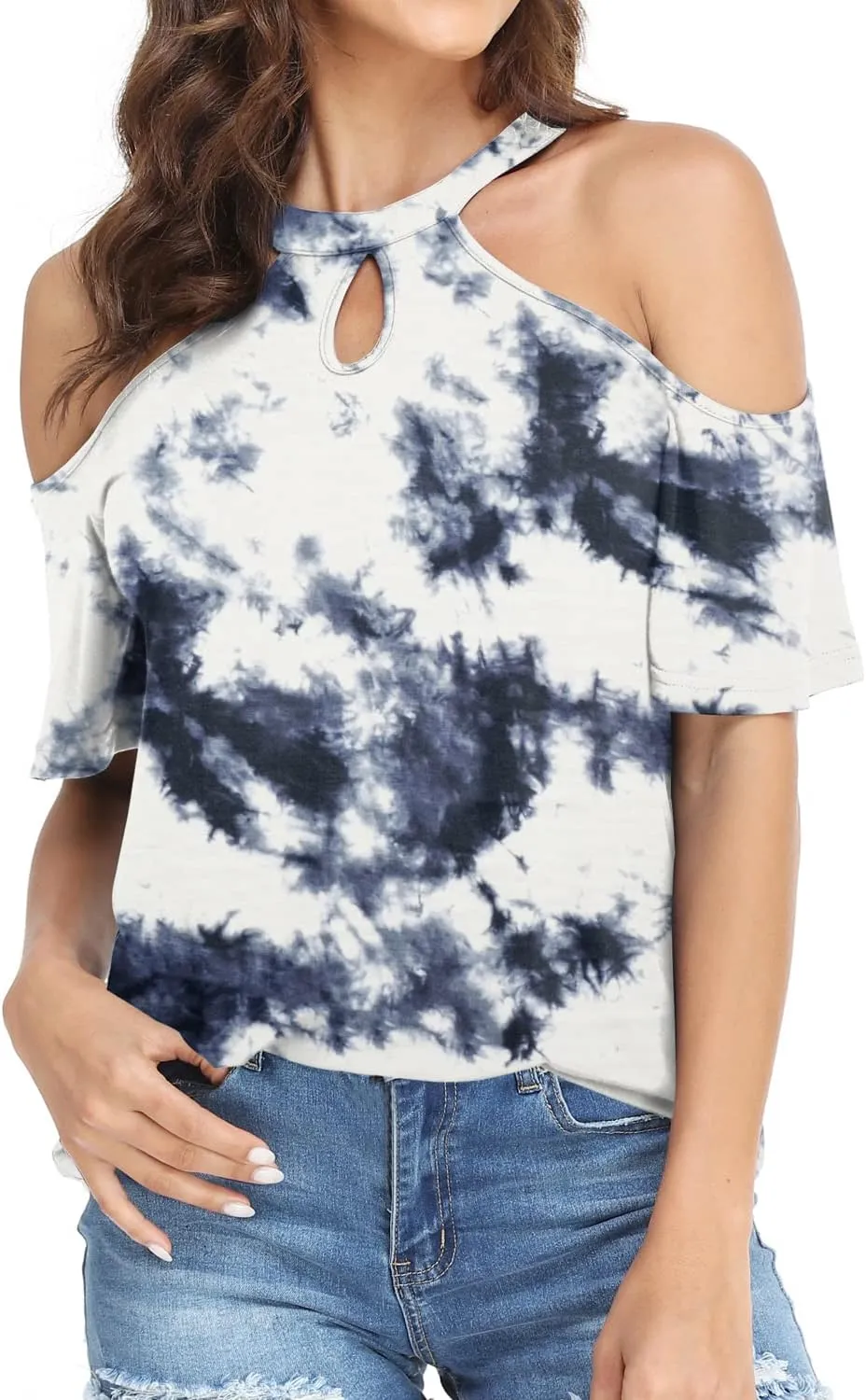 Womens Summer Halter Cold Shoulder Tops Sexy Casual Short Sleeve Keyhole T Shirts Blouse