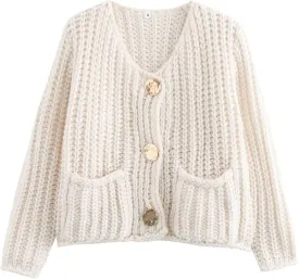 Wyeysyt Women's Cropped Cardigan Sweater Button Down Long Sleeve Chunky Knit Sweater Coat