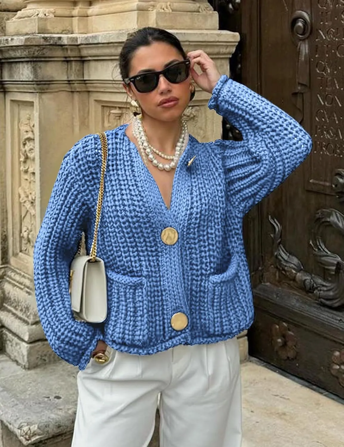 Wyeysyt Women's Cropped Cardigan Sweater Button Down Long Sleeve Chunky Knit Sweater Coat