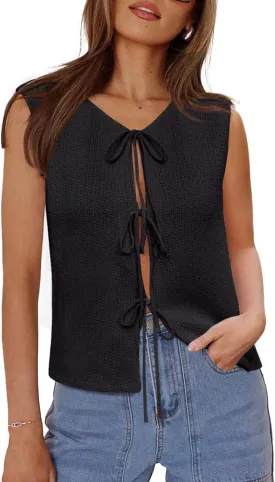 Yousify Womens Tie Front Sweater Vest 2025 Summer Sleeveless Crochet Knit Tops Lightweight Cardigan Sweaters Outfits